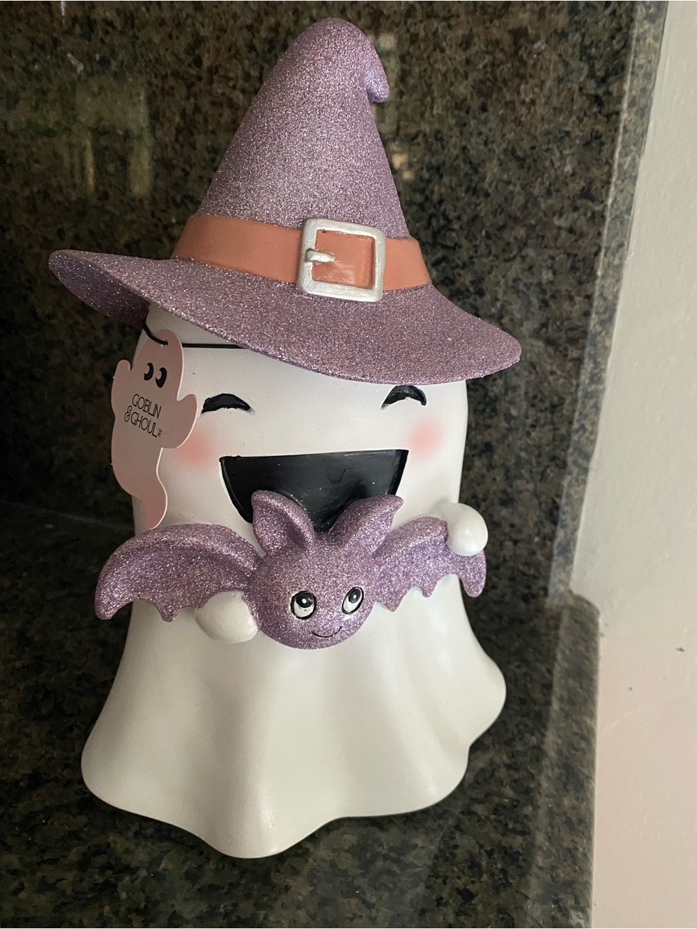 NWT! Goblin & Ghoul 12” Ghost Purple Glitter Hat & Bat Halloween Resin Figurine